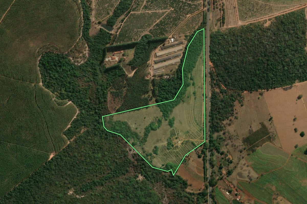 Imagem de satélite do imóvel rural em Altinópolis (SP), com o contorno declarado no CAR desenhado por cima.