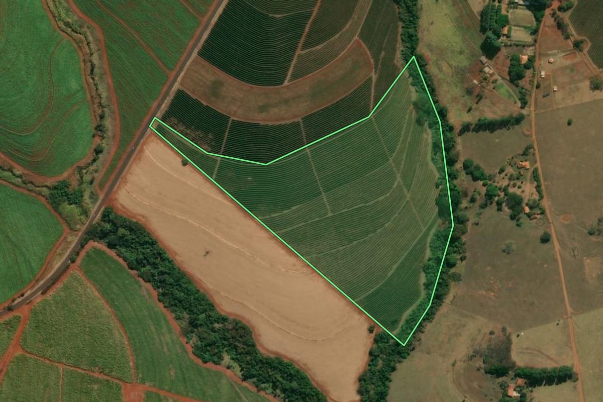 Imagem de satélite do imóvel rural em Altinópolis (SP), com o contorno declarado no CAR desenhado por cima.