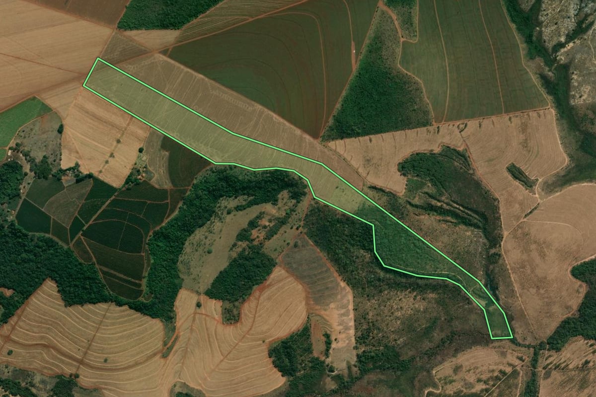Imagem de satélite do imóvel rural em Altinópolis (SP), com o contorno declarado no CAR desenhado por cima.