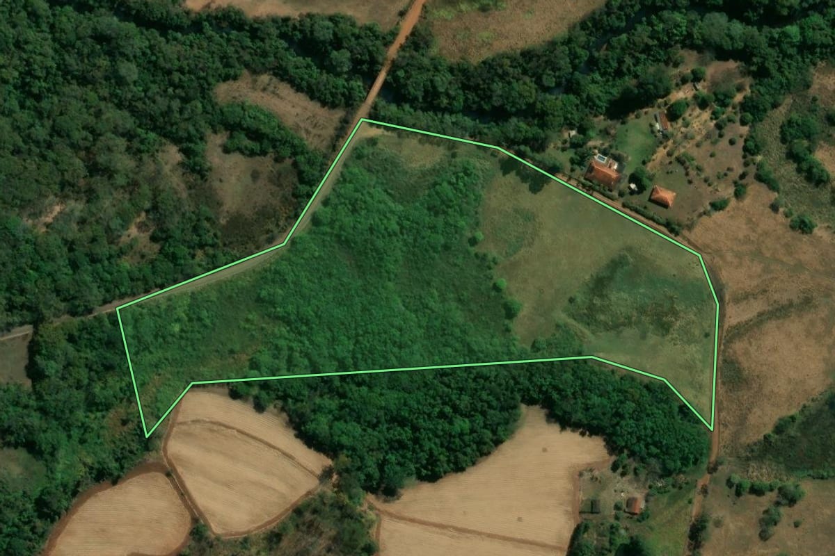 Imagem de satélite do imóvel rural em Altinópolis (SP), com o contorno declarado no CAR desenhado por cima.