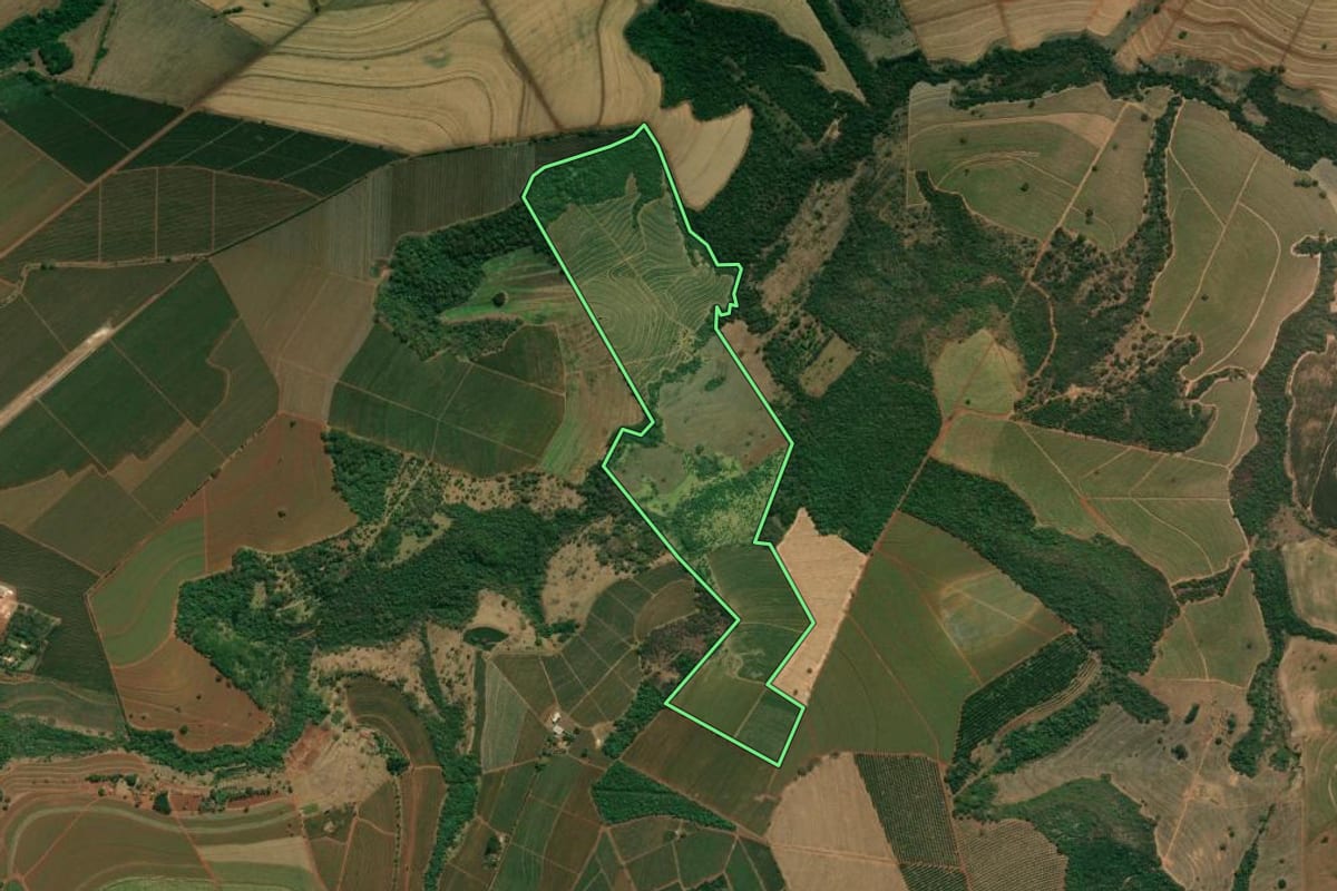 Imagem de satélite do imóvel rural em Altinópolis (SP), com o contorno declarado no CAR desenhado por cima.