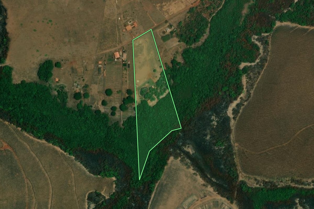 Imagem de satélite do imóvel rural em Altinópolis (SP), com o contorno declarado no CAR desenhado por cima.