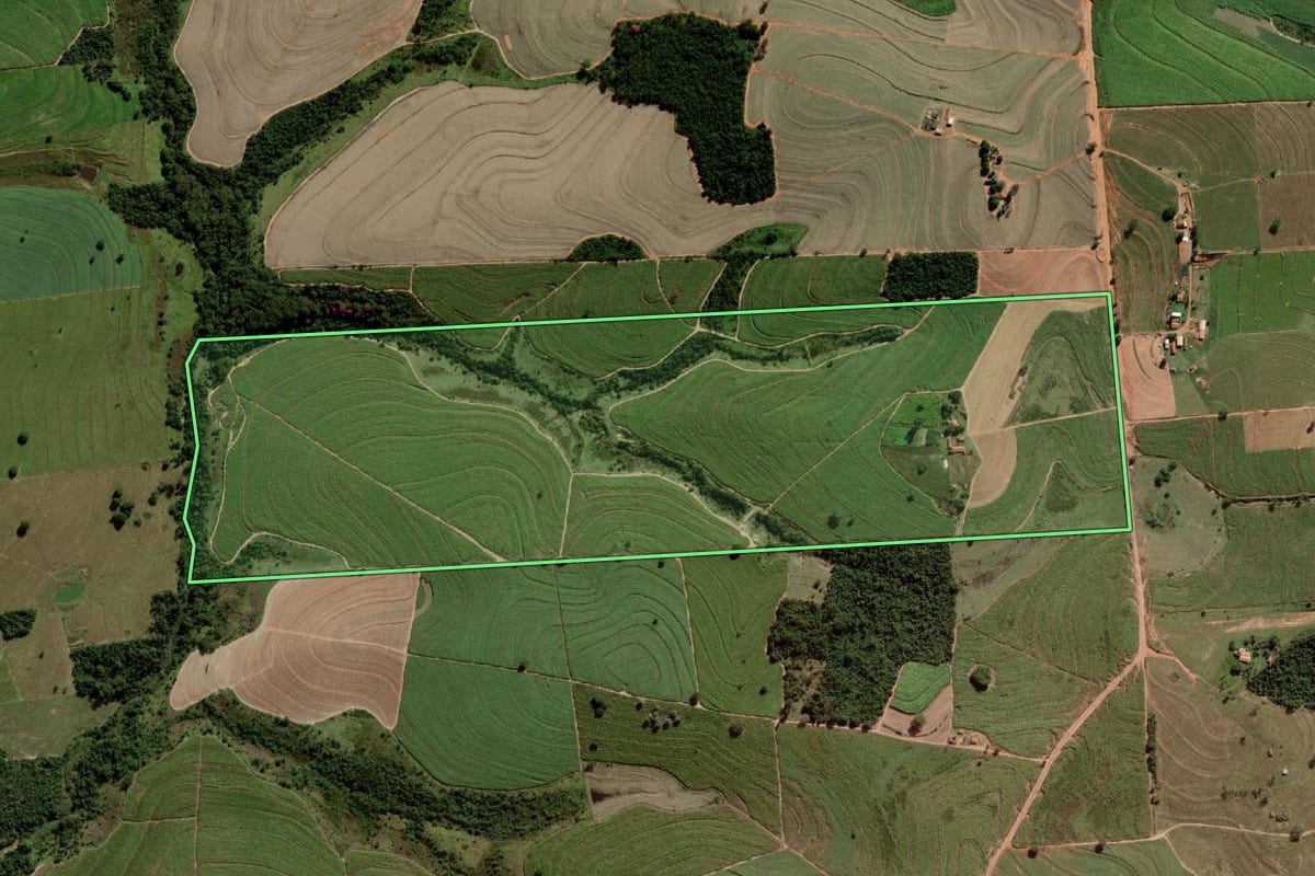 Imagem de satélite do imóvel rural em Alto Alegre (SP), com o contorno declarado no CAR desenhado por cima.