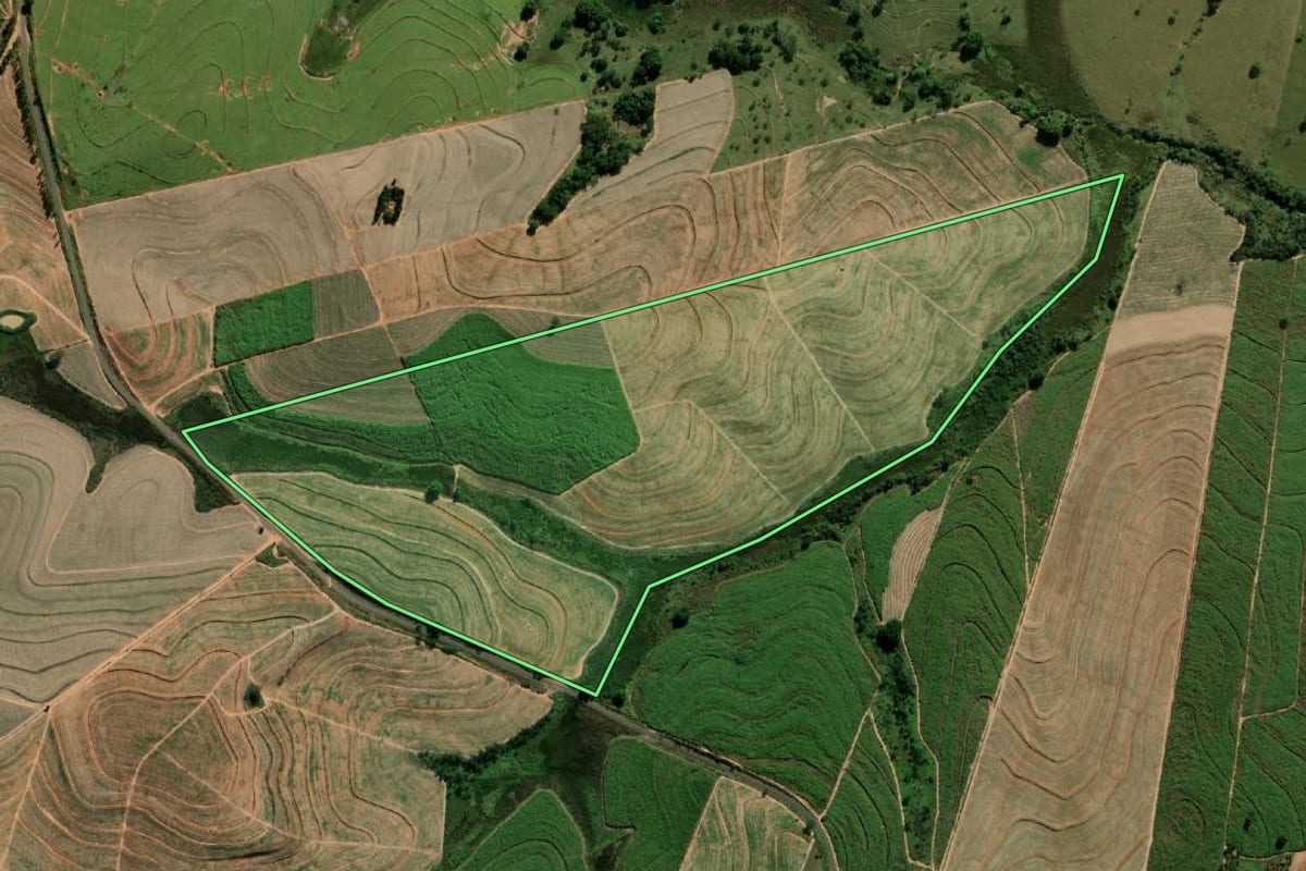 Imagem de satélite do imóvel rural em Alto Alegre (SP), com o contorno declarado no CAR desenhado por cima.