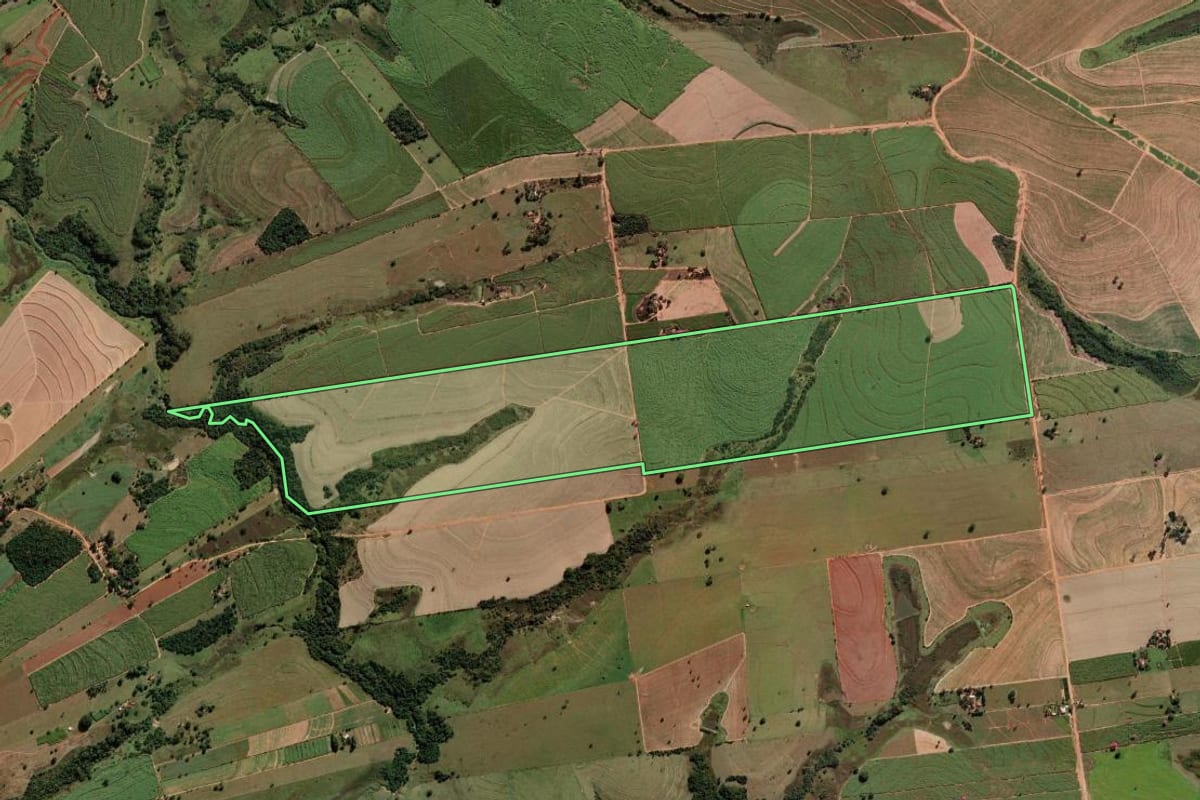 Imagem de satélite do imóvel rural em Alto Alegre (SP), com o contorno declarado no CAR desenhado por cima.