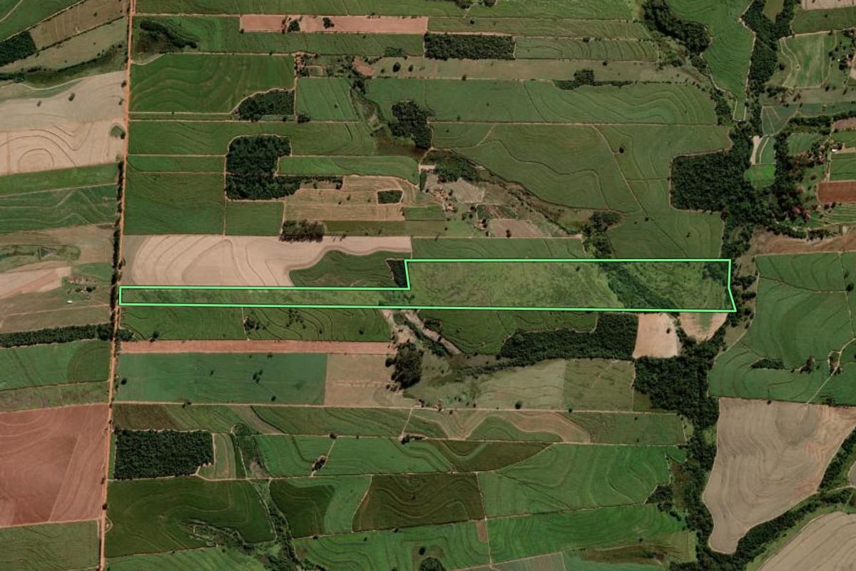 Imagem de satélite do imóvel rural em Alto Alegre (SP), com o contorno declarado no CAR desenhado por cima.