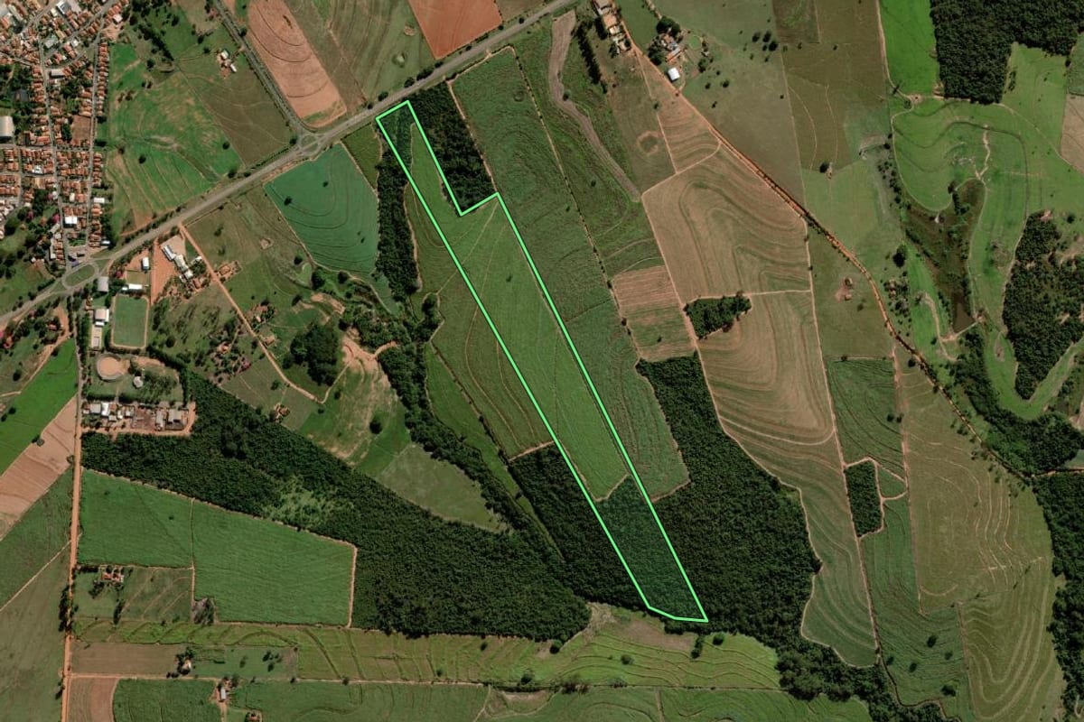 Imagem de satélite do imóvel rural em Alto Alegre (SP), com o contorno declarado no CAR desenhado por cima.