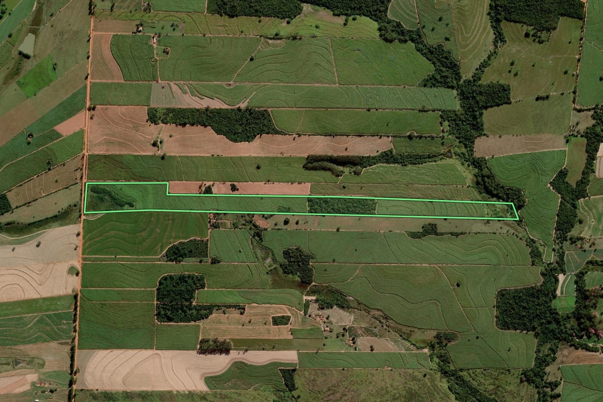 Imagem de satélite do imóvel rural em Alto Alegre (SP), com o contorno declarado no CAR desenhado por cima.