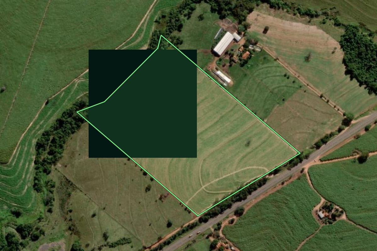 Imagem de satélite do imóvel rural em Alto Alegre (SP), com o contorno declarado no CAR desenhado por cima.