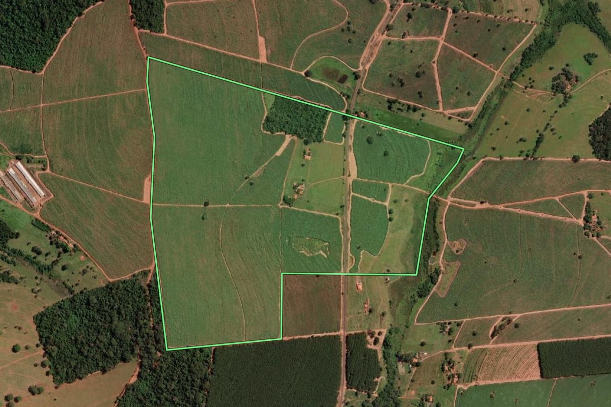 Imagem de satélite do imóvel rural em Álvares Florence (SP), com o contorno declarado no CAR desenhado por cima.