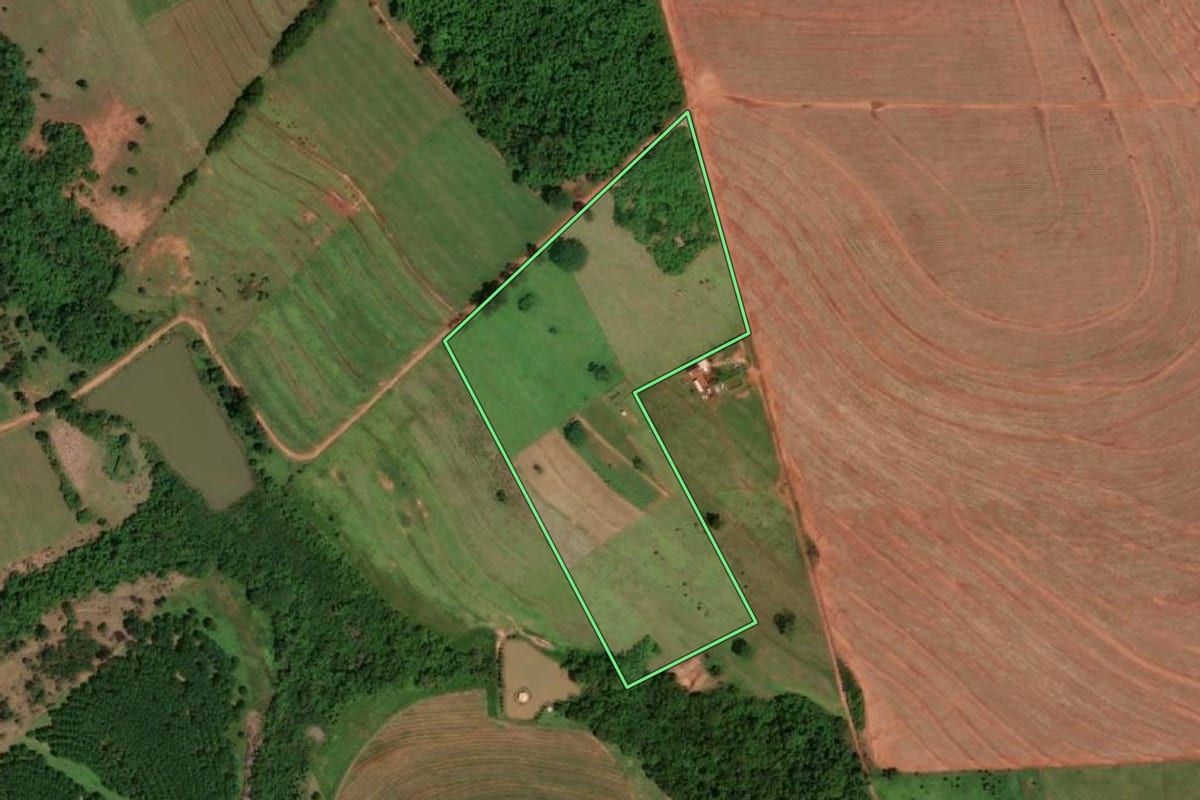 Imagem de satélite do imóvel rural em Álvares Florence (SP), com o contorno declarado no CAR desenhado por cima.