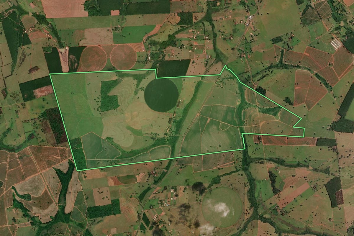 Imagem de satélite do imóvel rural em Álvares Florence (SP), com o contorno declarado no CAR desenhado por cima.
