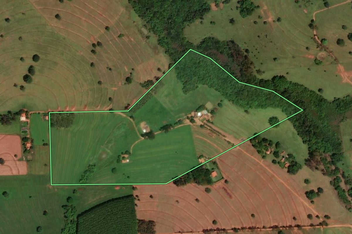 Imagem de satélite do imóvel rural em Álvares Florence (SP), com o contorno declarado no CAR desenhado por cima.