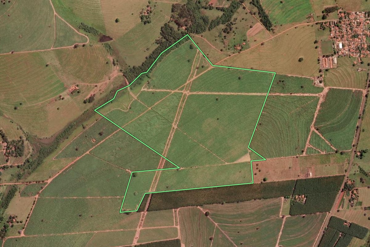 Imagem de satélite do imóvel rural em Álvares Florence (SP), com o contorno declarado no CAR desenhado por cima.