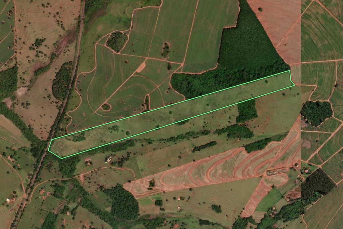 Imagem de satélite do imóvel rural em Álvares Florence (SP), com o contorno declarado no CAR desenhado por cima.