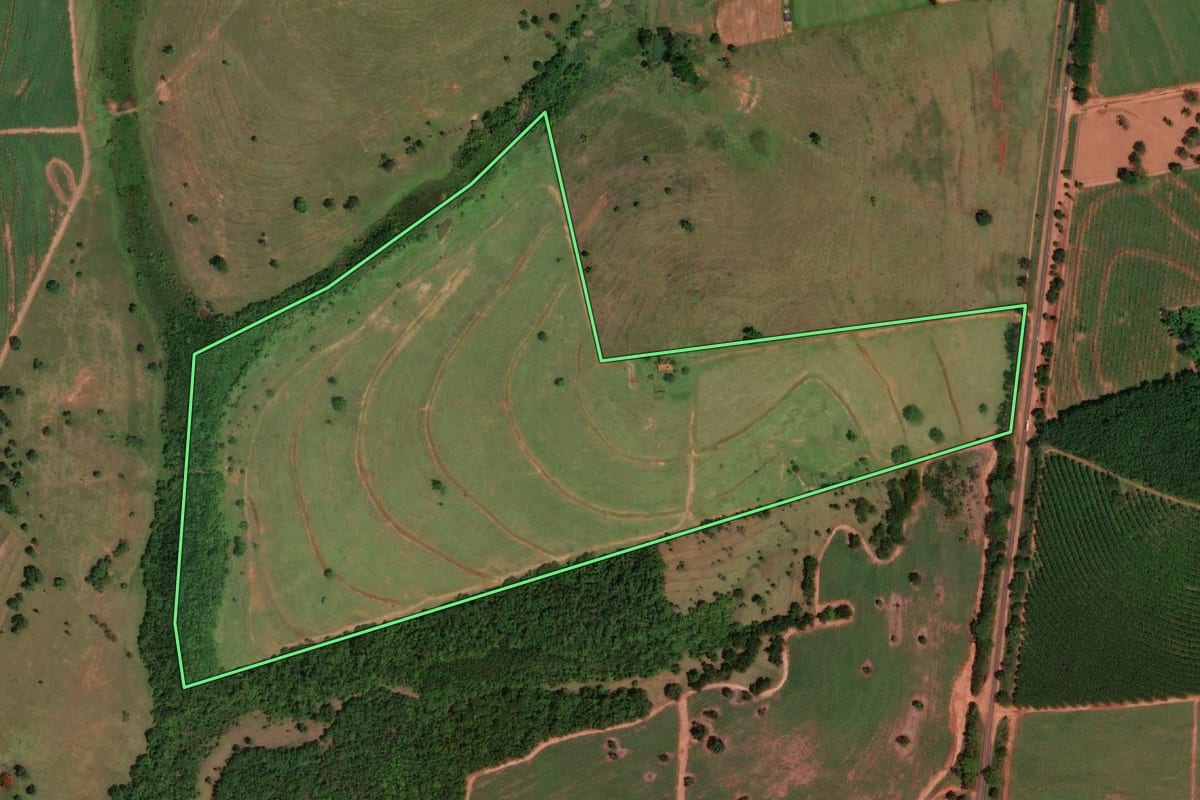 Imagem de satélite do imóvel rural em Álvares Florence (SP), com o contorno declarado no CAR desenhado por cima.