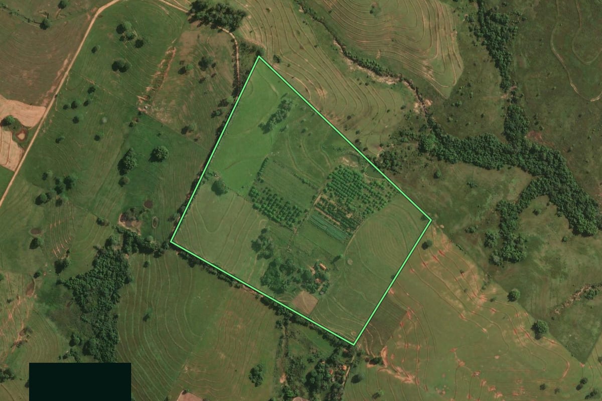 Imagem de satélite do imóvel rural em Álvares Machado (SP), com o contorno declarado no CAR desenhado por cima.
