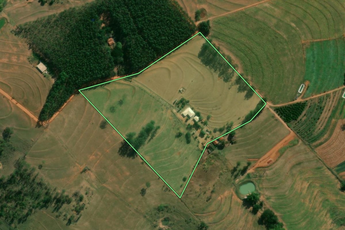 Imagem de satélite do imóvel rural em Álvares Machado (SP), com o contorno declarado no CAR desenhado por cima.