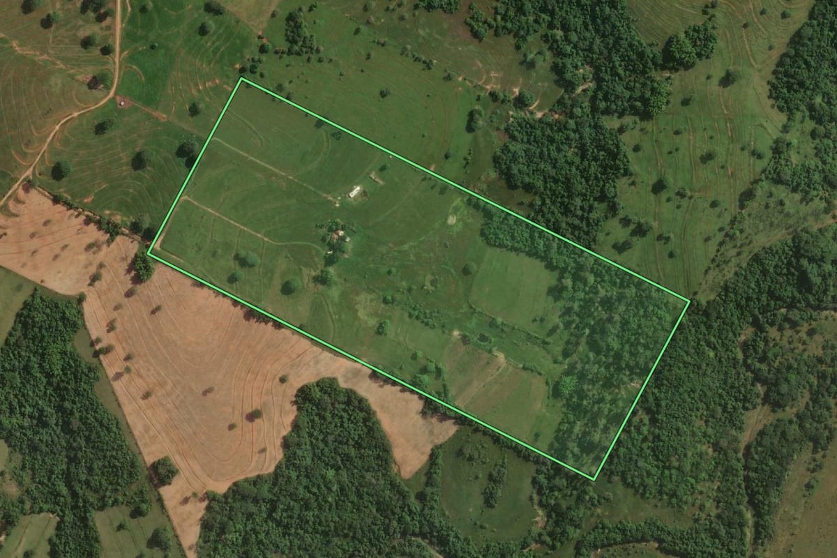 Imagem de satélite do imóvel rural em Álvares Machado (SP), com o contorno declarado no CAR desenhado por cima.