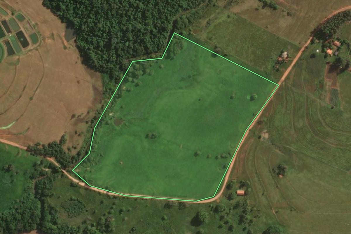 Imagem de satélite do imóvel rural em Álvares Machado (SP), com o contorno declarado no CAR desenhado por cima.