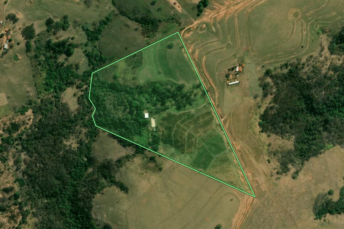 Imagem de satélite do imóvel rural em Álvaro de Carvalho (SP), com o contorno declarado no CAR desenhado por cima.