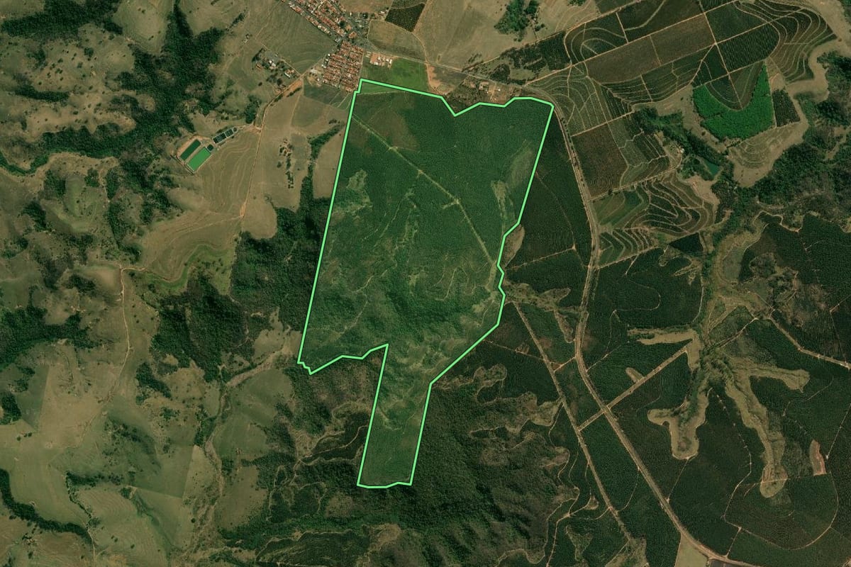 Imagem de satélite do imóvel rural em Álvaro de Carvalho (SP), com o contorno declarado no CAR desenhado por cima.