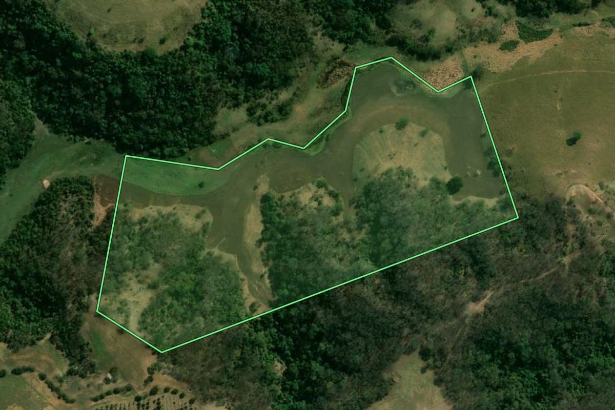 Imagem de satélite do imóvel rural em Álvaro de Carvalho (SP), com o contorno declarado no CAR desenhado por cima.