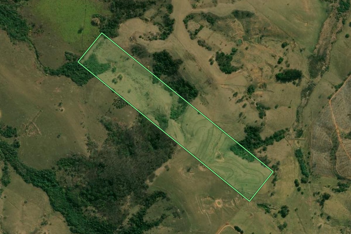 Imagem de satélite do imóvel rural em Álvaro de Carvalho (SP), com o contorno declarado no CAR desenhado por cima.