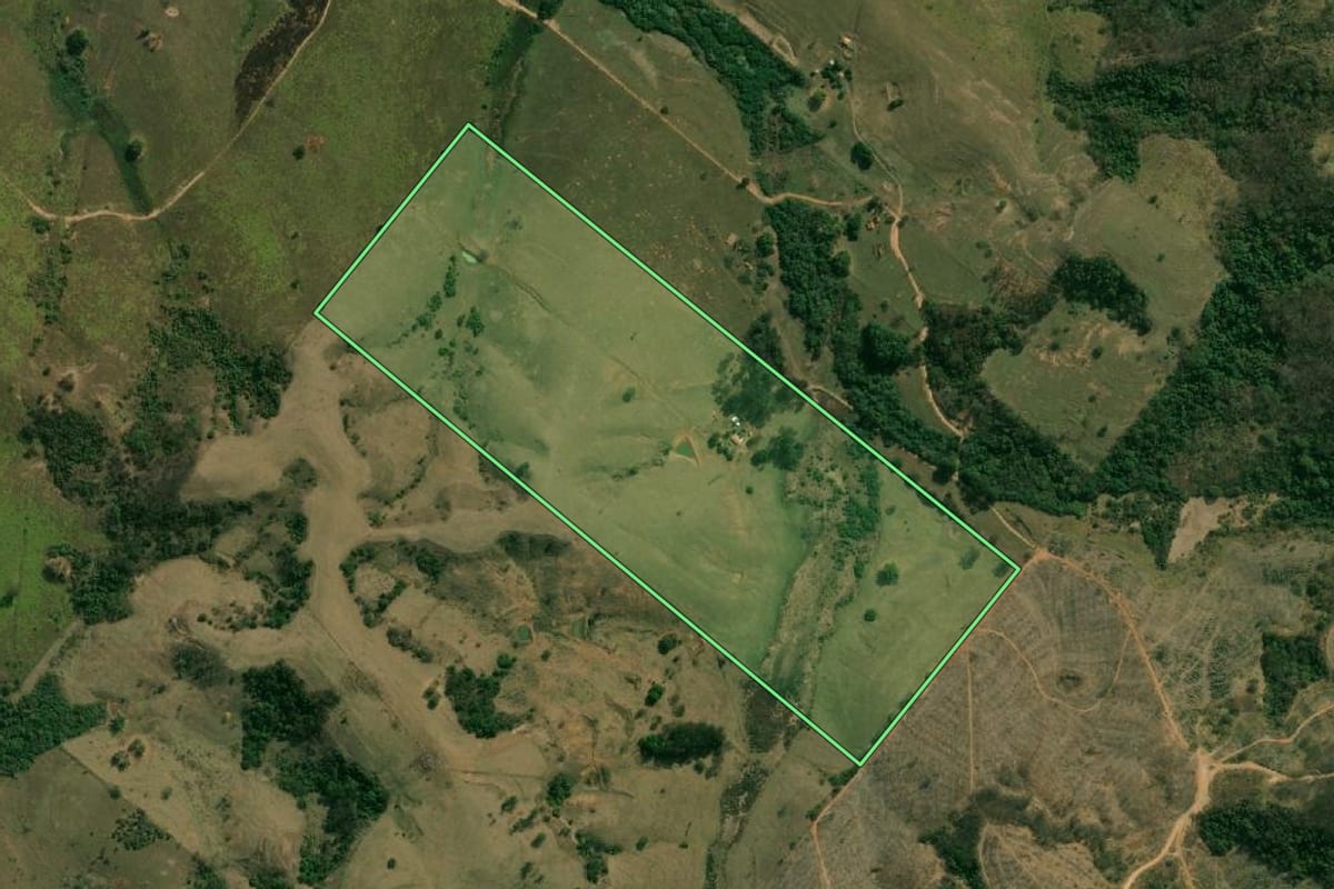 Imagem de satélite do imóvel rural em Álvaro de Carvalho (SP), com o contorno declarado no CAR desenhado por cima.