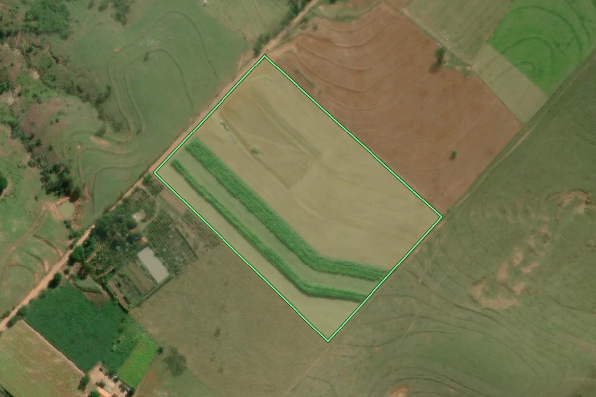 Imagem de satélite do imóvel rural em Alvinlândia (SP), com o contorno declarado no CAR desenhado por cima.
