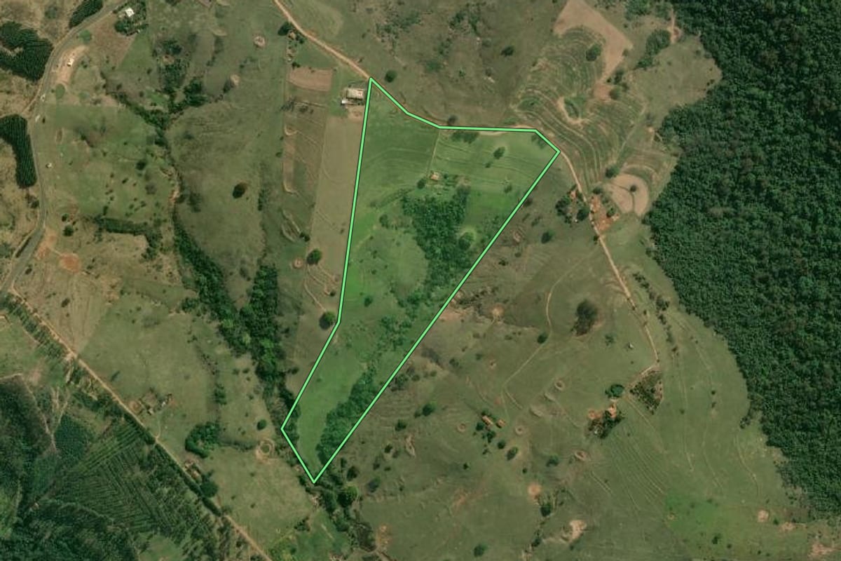 Imagem de satélite do imóvel rural em Alvinlândia (SP), com o contorno declarado no CAR desenhado por cima.