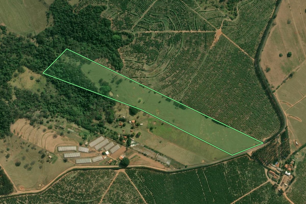 Imagem de satélite do imóvel rural em Alvinlândia (SP), com o contorno declarado no CAR desenhado por cima.