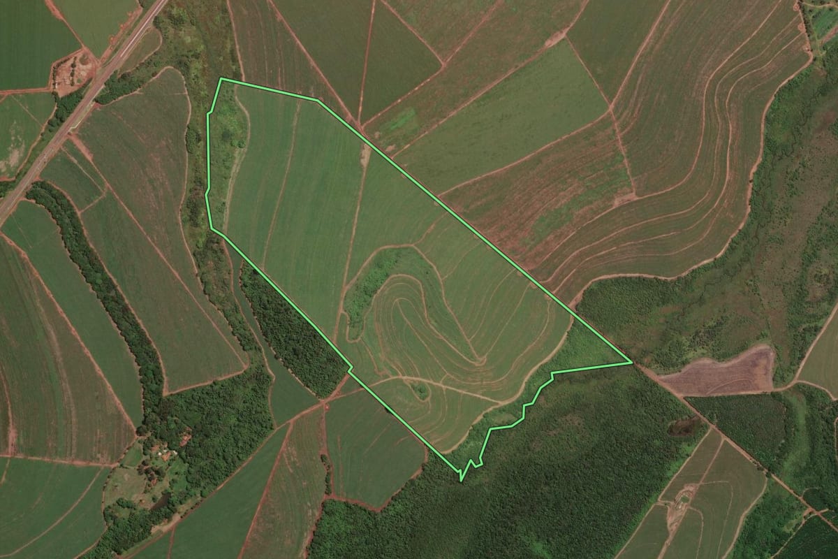 Imagem de satélite do imóvel rural em Américo Brasiliense (SP), com o contorno declarado no CAR desenhado por cima.