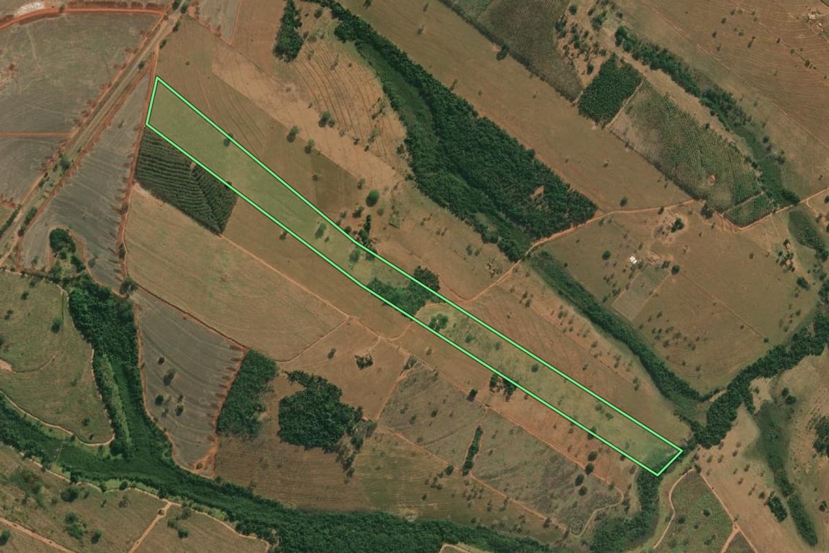 Imagem de satélite do imóvel rural em Américo de Campos (SP), com o contorno declarado no CAR desenhado por cima.