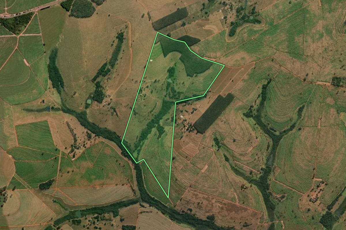 Imagem de satélite do imóvel rural em Américo de Campos (SP), com o contorno declarado no CAR desenhado por cima.