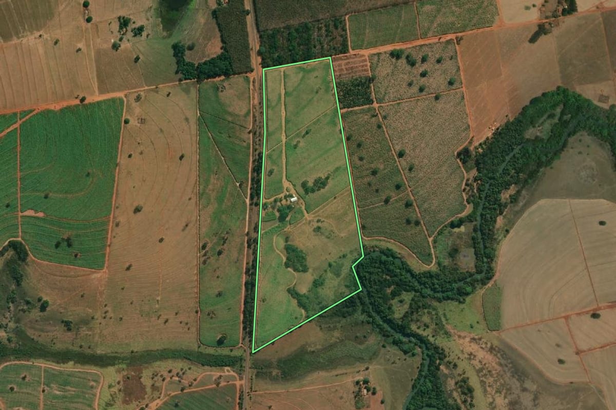 Imagem de satélite do imóvel rural em Américo de Campos (SP), com o contorno declarado no CAR desenhado por cima.