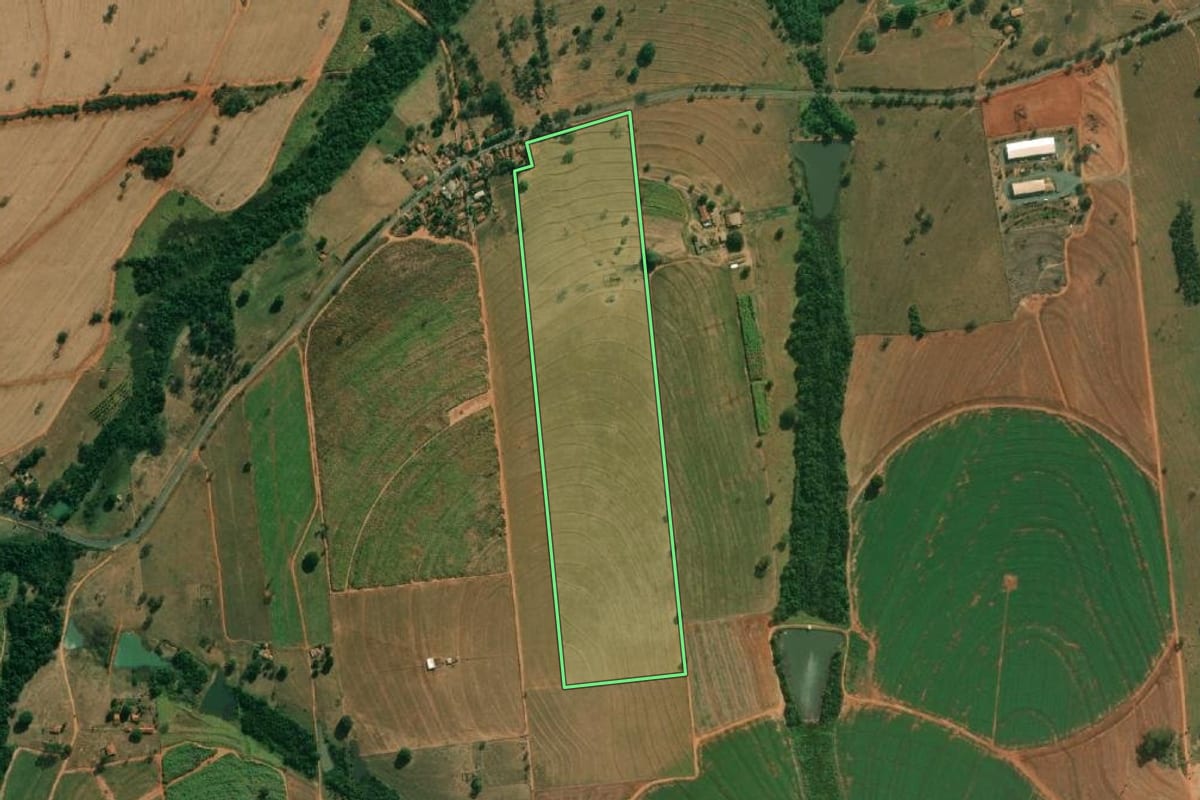 Imagem de satélite do imóvel rural em Américo de Campos (SP), com o contorno declarado no CAR desenhado por cima.