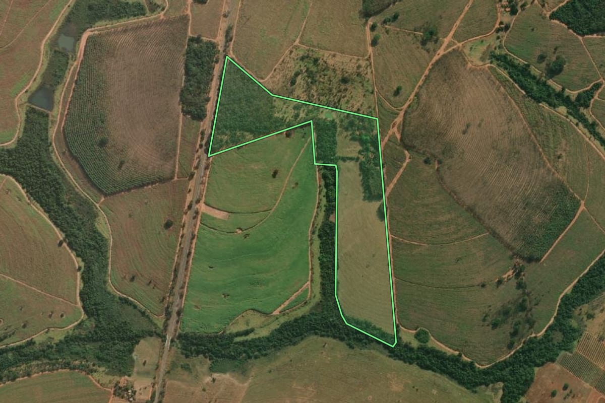 Imagem de satélite do imóvel rural em Américo de Campos (SP), com o contorno declarado no CAR desenhado por cima.
