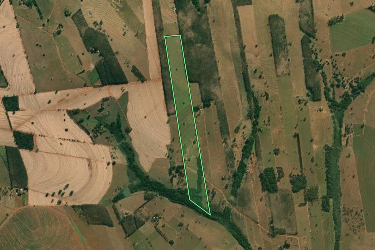 Imagem de satélite do imóvel rural em Américo de Campos (SP), com o contorno declarado no CAR desenhado por cima.