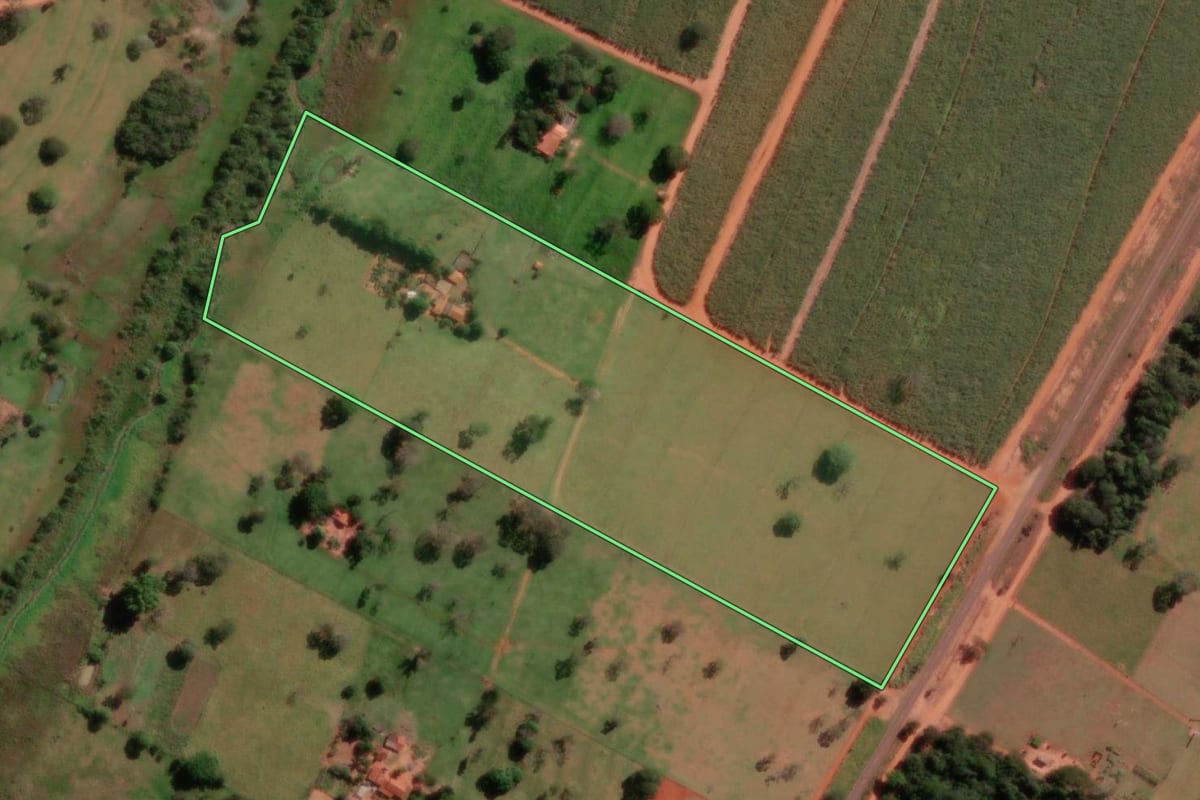 Imagem de satélite do imóvel rural em Américo de Campos (SP), com o contorno declarado no CAR desenhado por cima.