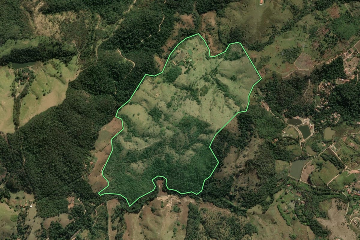Imagem de satélite do imóvel rural em Amparo (SP), com o contorno declarado no CAR desenhado por cima.