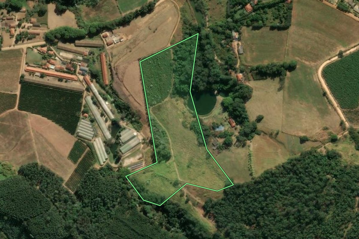 Imagem de satélite do imóvel rural em Amparo (SP), com o contorno declarado no CAR desenhado por cima.