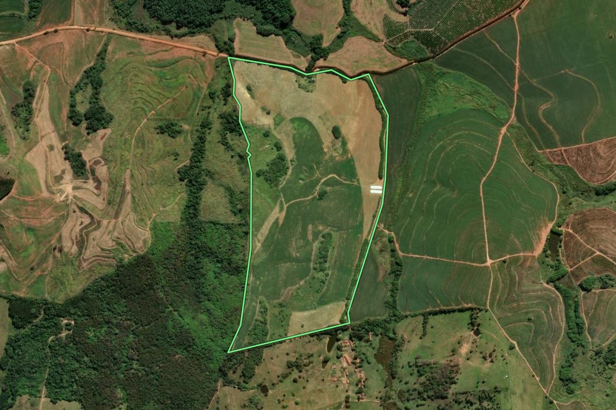 Imagem de satélite do imóvel rural em Amparo (SP), com o contorno declarado no CAR desenhado por cima.