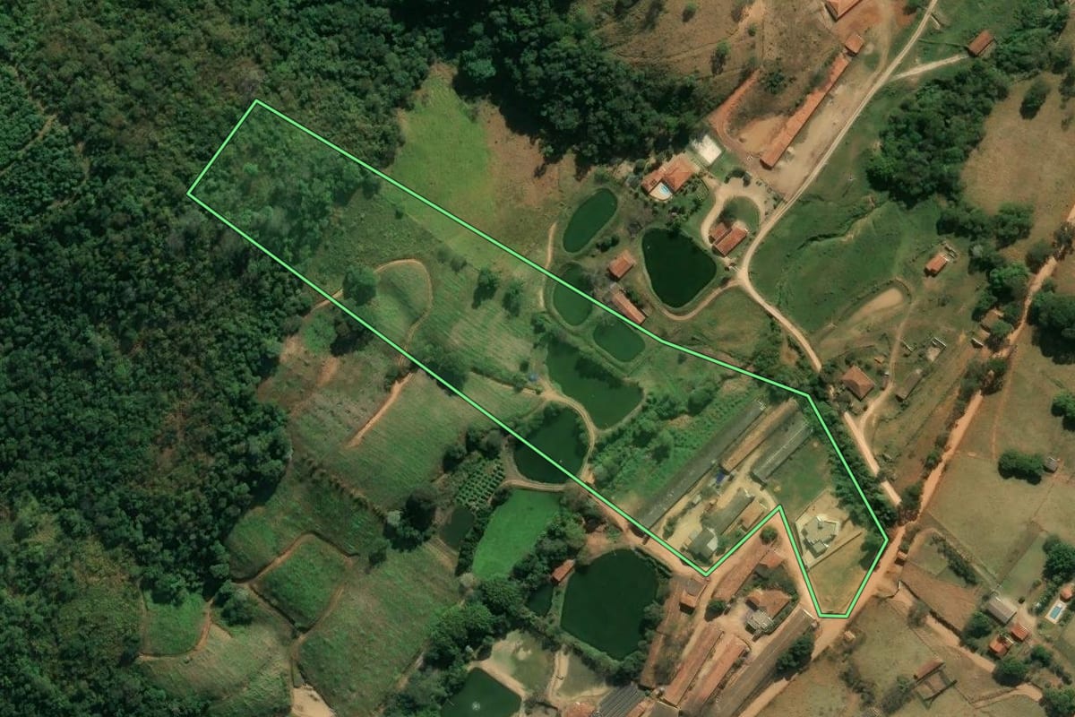 Imagem de satélite do imóvel rural em Amparo (SP), com o contorno declarado no CAR desenhado por cima.