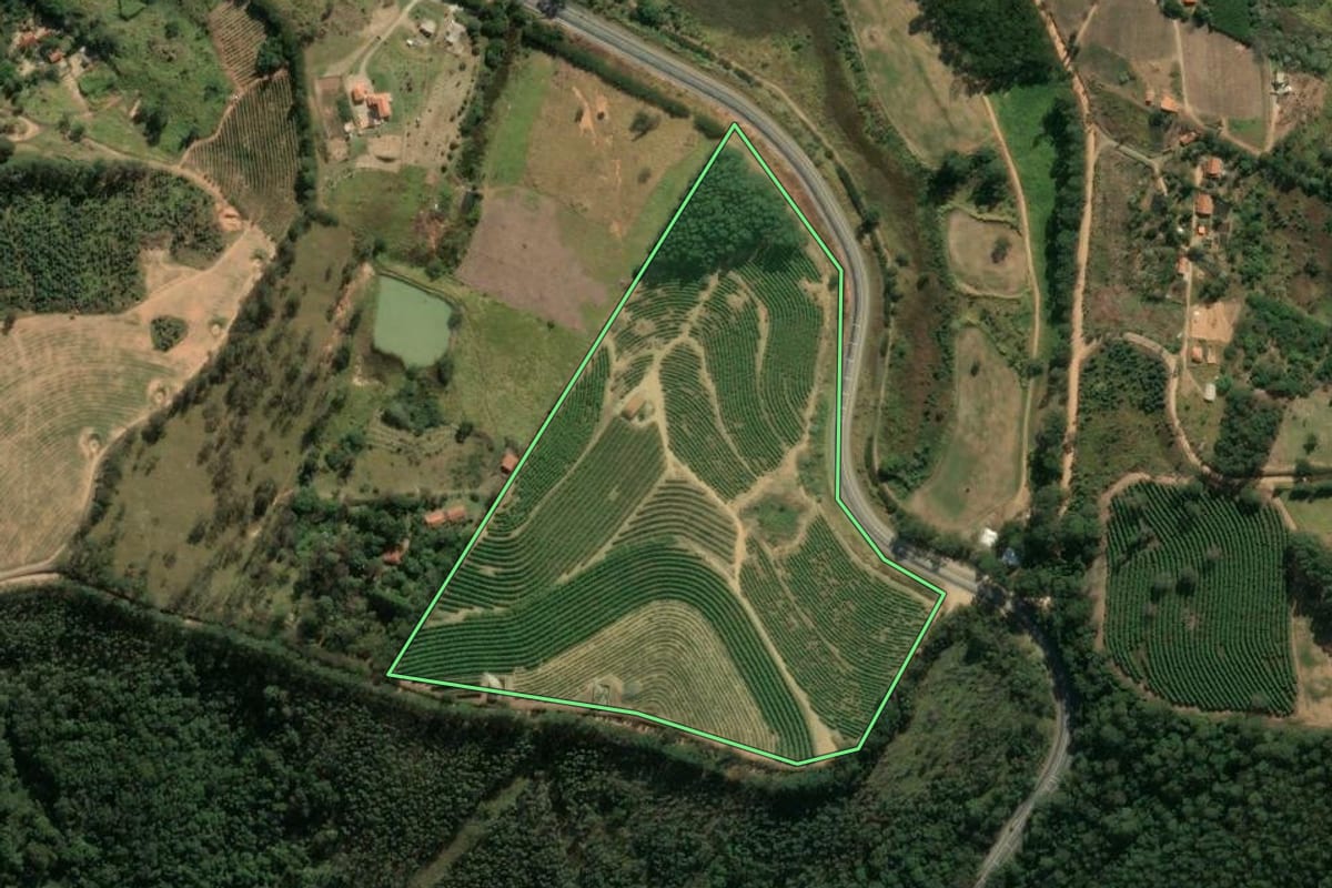 Imagem de satélite do imóvel rural em Amparo (SP), com o contorno declarado no CAR desenhado por cima.