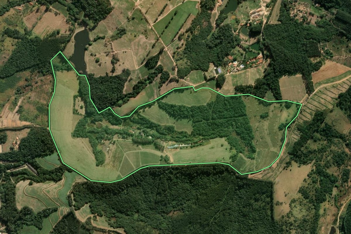 Imagem de satélite do imóvel rural em Amparo (SP), com o contorno declarado no CAR desenhado por cima.
