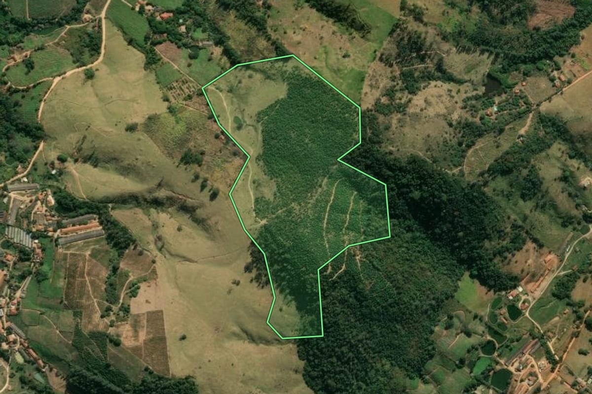 Imagem de satélite do imóvel rural em Amparo (SP), com o contorno declarado no CAR desenhado por cima.