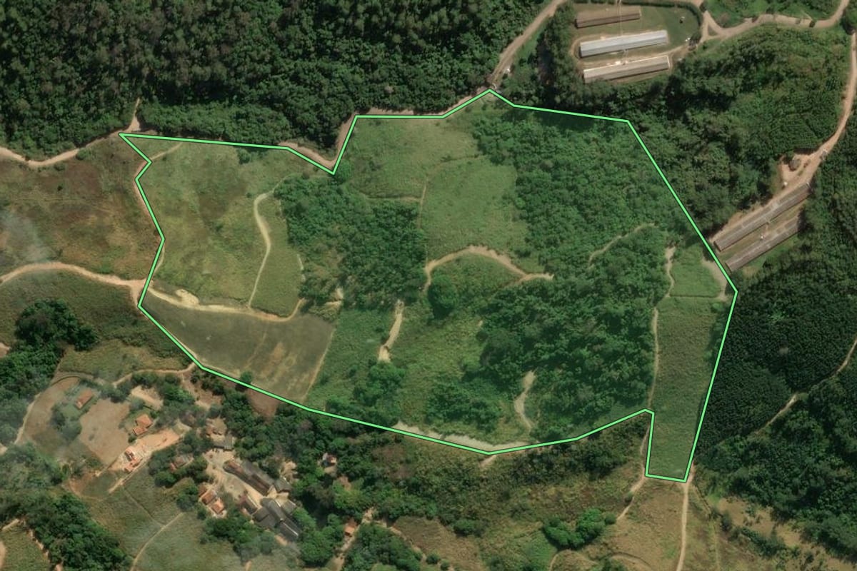 Imagem de satélite do imóvel rural em Amparo (SP), com o contorno declarado no CAR desenhado por cima.
