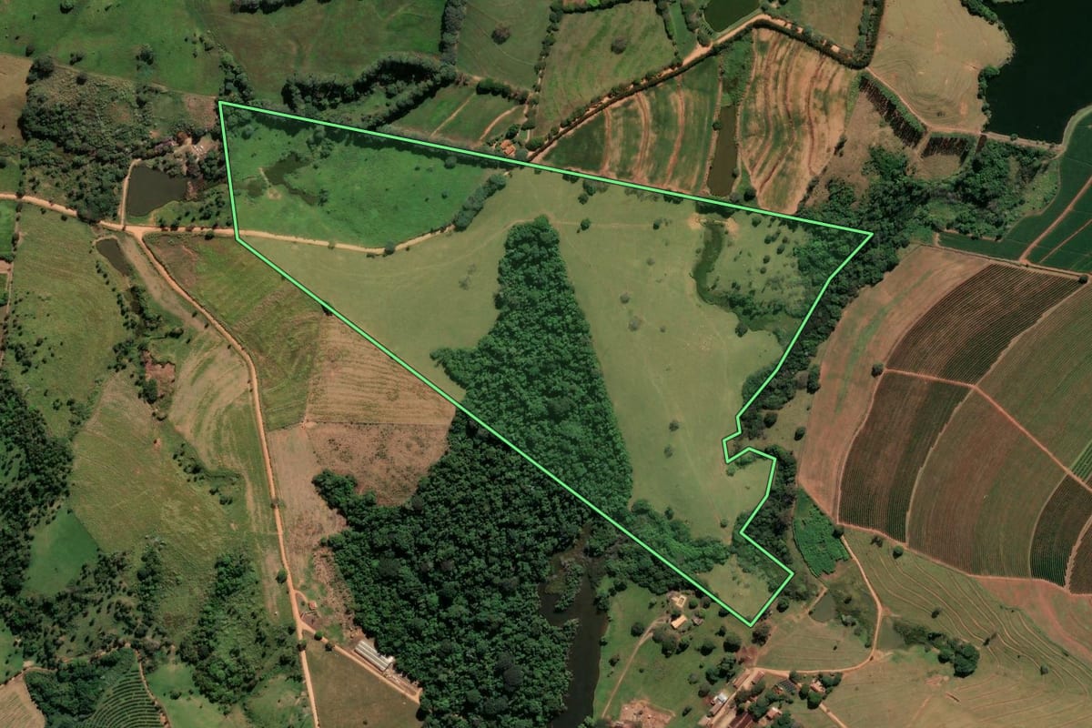 Imagem de satélite do imóvel rural em Amparo (SP), com o contorno declarado no CAR desenhado por cima.