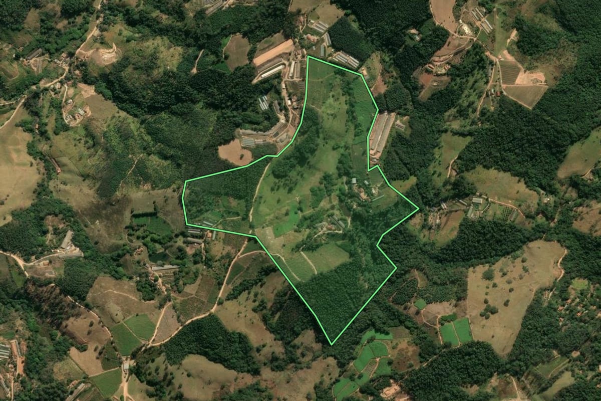 Imagem de satélite do imóvel rural em Amparo (SP), com o contorno declarado no CAR desenhado por cima.